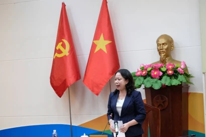 La vicepresidenta de Vietnam, Vo Thi Anh Xuan, habla en la cita (Fuente: VNA)