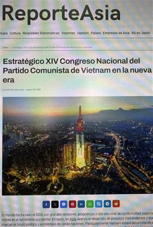 El artículo sobre el XIV Congreso Nacional del Partido Comunista de Vietnam en la página web ReporteAsia. (Fuente: VNA)