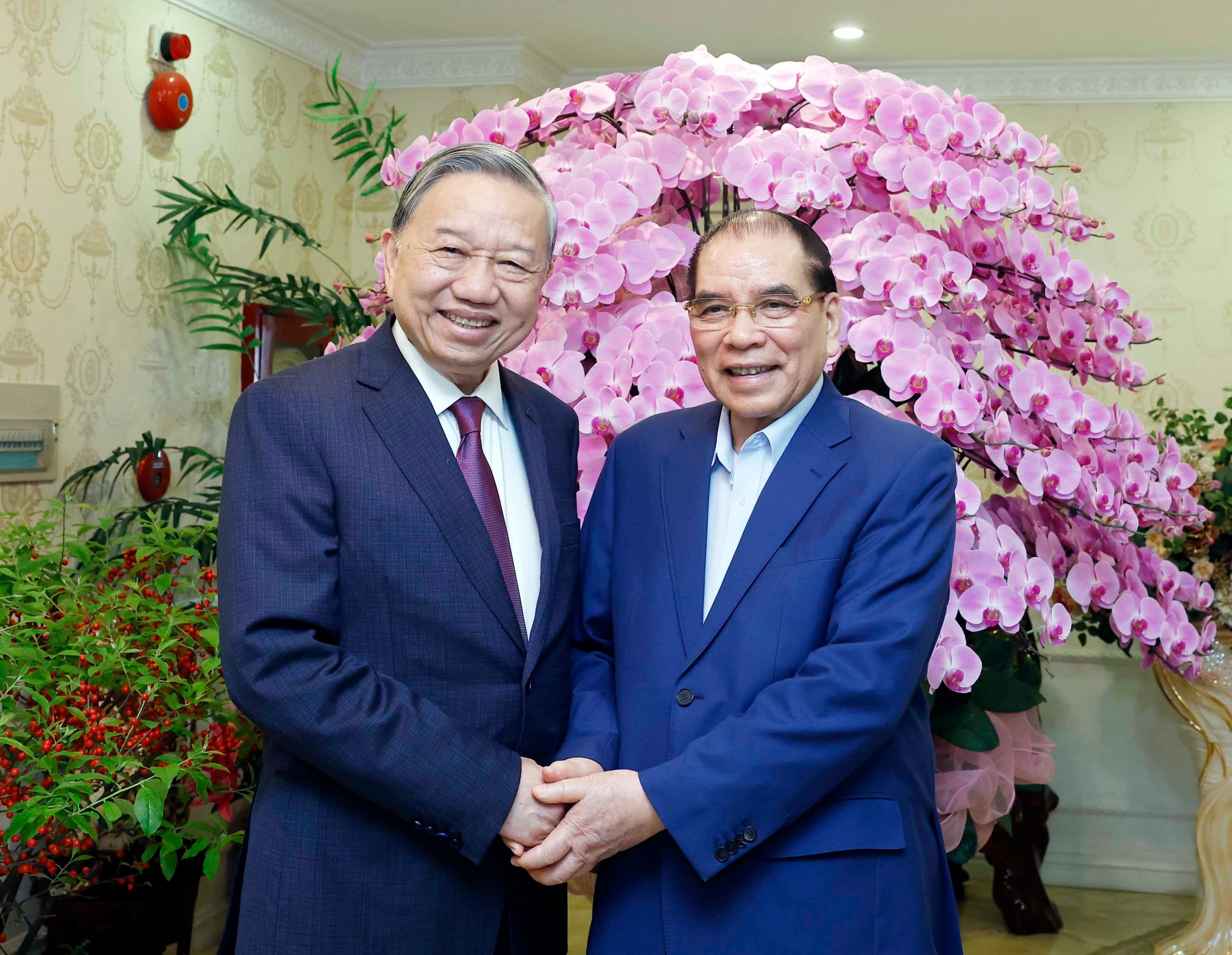 El secretario general del Partido Comunista de Vietnam, To Lam, realiza una visita y transmite felicitaciones por el Año Nuevo Lunar al exsecretario general Nong Duc Manh (Fuente: VNA)