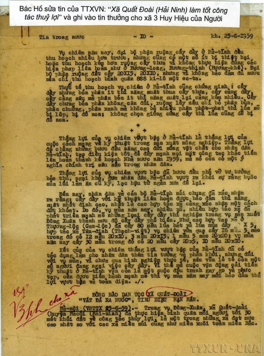 Manuscrito del Presidente Ho Chi Minh corrigiendo una noticia de la VNA. Foto: Archivo d la VNA anh-7-3.jpg