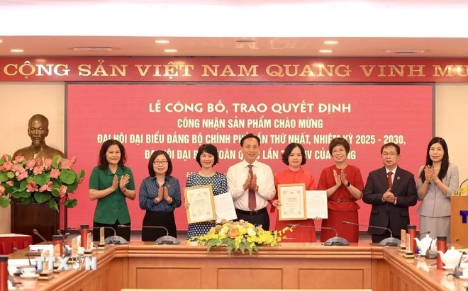 Lai Xuan Lam, subsecretario del Comité del Partido del Gobierno, entrega la decisión de reconocer los trabajos de la Agencia Vietnamita de Noticias para dar la bienvenida a la primera Asamblea del Partido del Gobierno y al XIV Congreso Nacional del Partido (Foto: VNA)