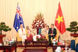 El secretario del Comité del Partido de Ciudad Ho Chi Minh, Tran Luu Quang (der.), se reúne con la gobernadora general de Australia, Sam Mostyn, el 12 de septiembre. (Foto: VNA)
