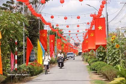 Una carretera rural en la comuna de Tra Con, provincia de Vinh Long, engalanada con banderas y flores, refleja el ambiente festivo y de expectación ante la próxima jornada electoral. (Foto: VNA)