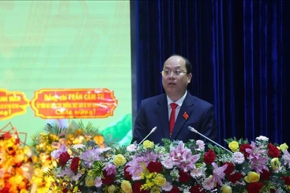 El secretario del Comité del Partido de Ca Mau para el período 2025-2030, Nguyen Ho Hai, habla en el congreso (Foto: VNA)