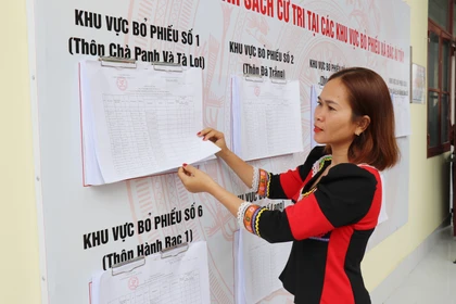 Los pobladores de la etnia Raglai en la comuna de Bac Ai Tay (Khanh Hoa) consultan la lista de votantes publicada oficialmente en la sede del Comité Popular comunal. Foto: VNA