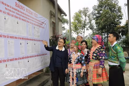 La jefa del Equipo de Encuestas No. 5 en la comuna de Quy Mong, provincia de Lao Cai, presenta las listas de candidatos a los residentes locales. (Foto: VNA)
