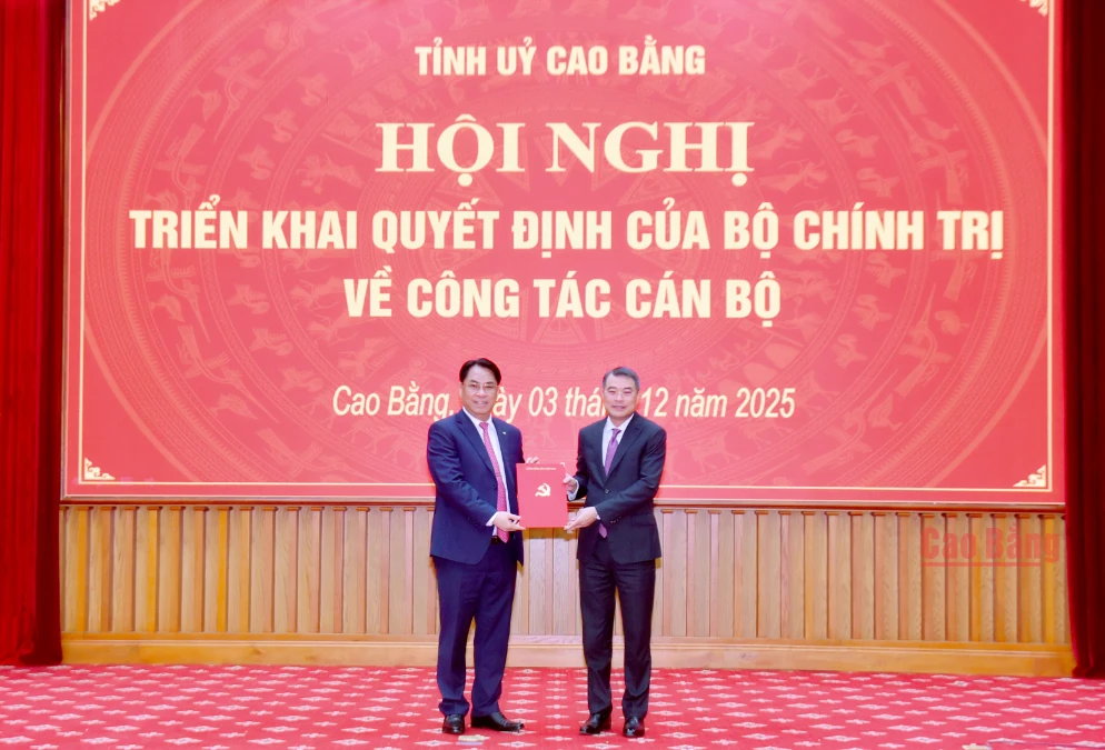 El jefe de la Comisión de Organización del Comité Central del PCV, Le Minh Hung (der.), presenta la decisión a Phan Thang An (Foto: VNA)