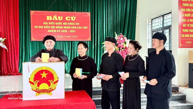 Los votantes de la etnia Tay en la aldea de Na O, en la comuna de An Lac, provincia de Bac Ninh, emitieron sus votos el 15 de marzo. (Foto: VNA)