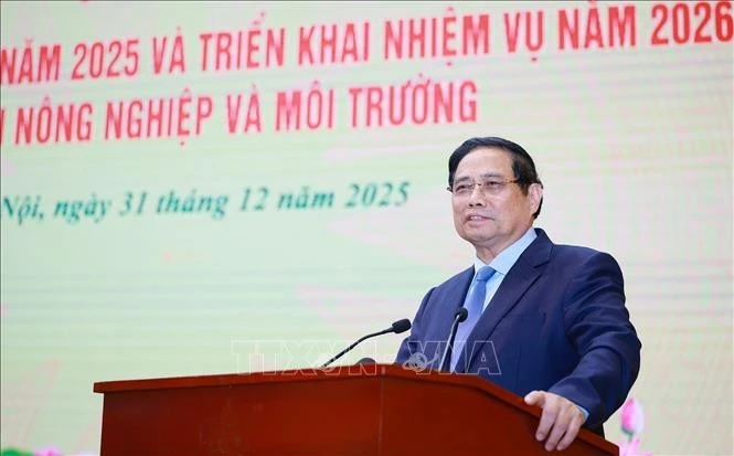 El primer ministro de Vietnam, Pham Minh Chinh habla en la conferencia. (Foto: VNA)