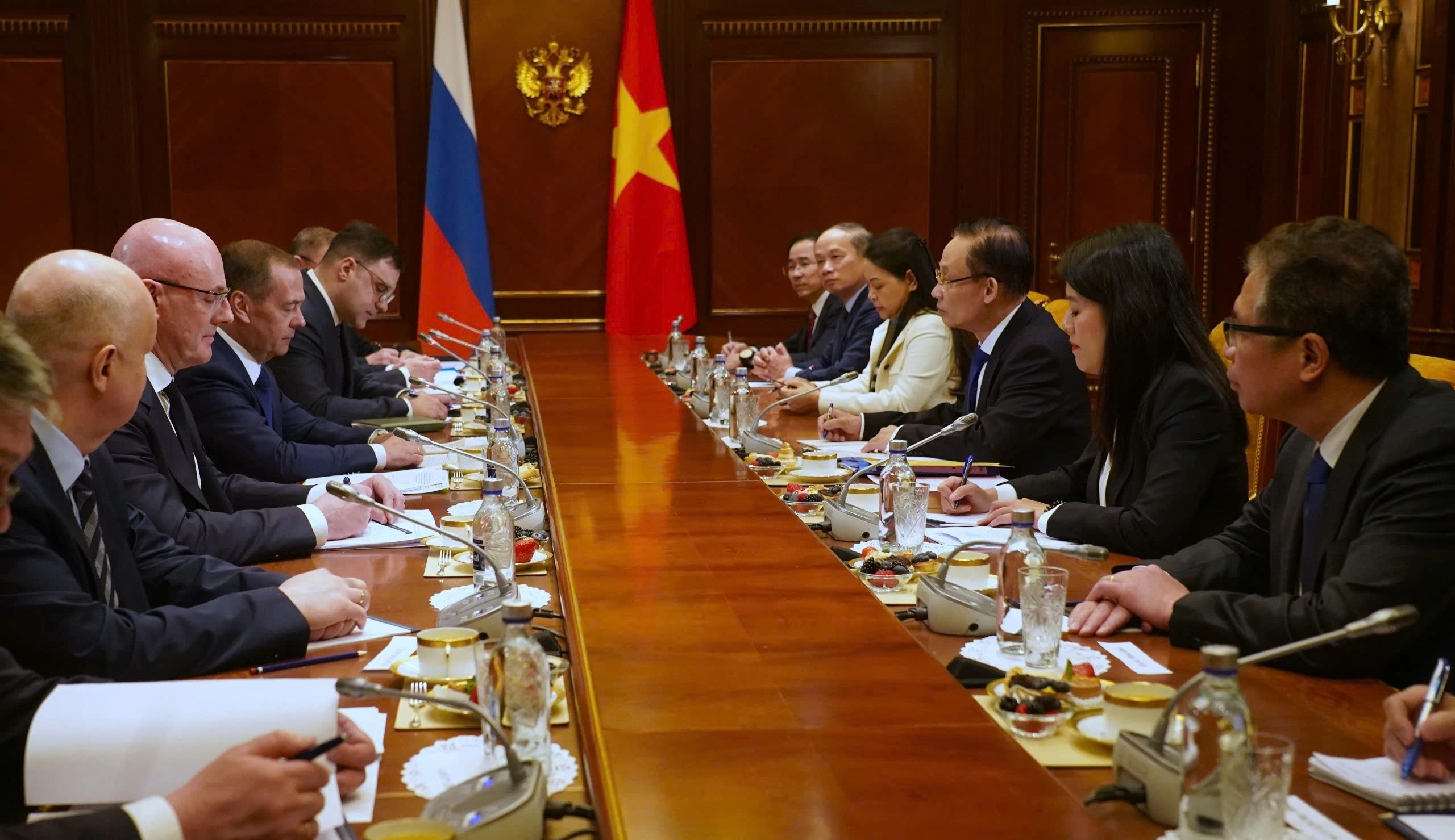 El enviado especial del secretario general del Partido Comunista de Vietnam (PCV), To Lam, miembro del Buró Político y ministro de Relaciones Exteriores, Le Hoai Trung, en encuentro con el presidente del partido Rusia Unida, Dmitry Medvedev 