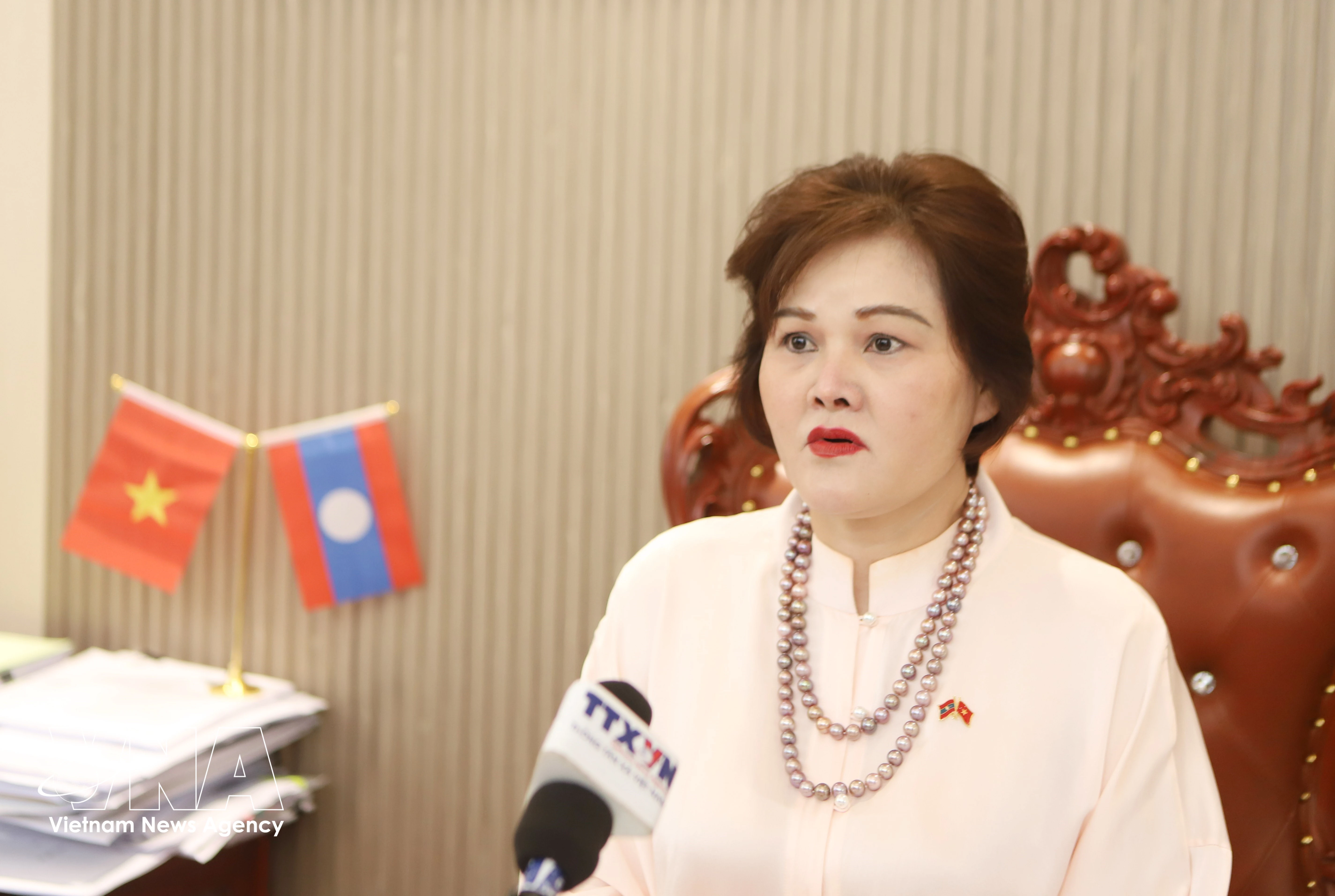 Pham Thi Minh Huong, miembro del Comité Permanente de la Asociación General de Vietnamitas en Laos, vicepresidenta de la Asociación de Empresarios Vietnamitas en el Extranjero. (Foto: VNA)
