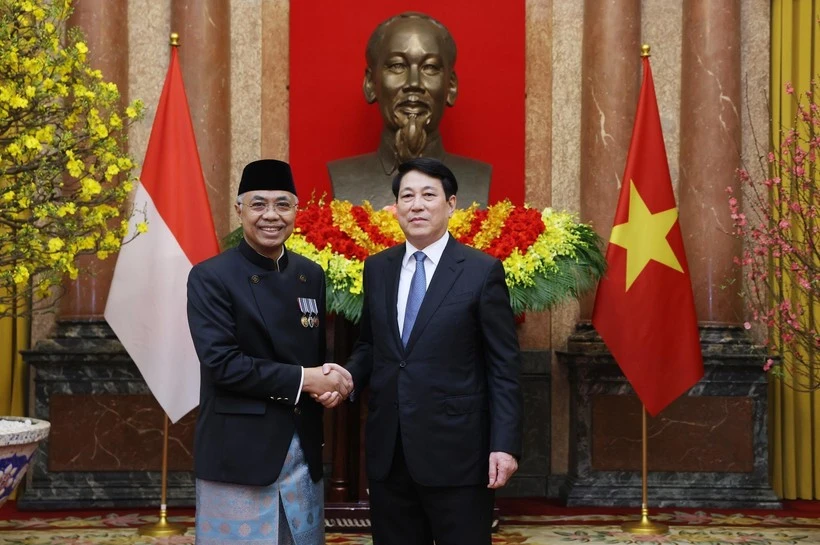 El presidente Luong Cuong (derecha) y el recién nombrado embajador de Indonesia, Adam Mulawarman Tugio (Foto: VNA)