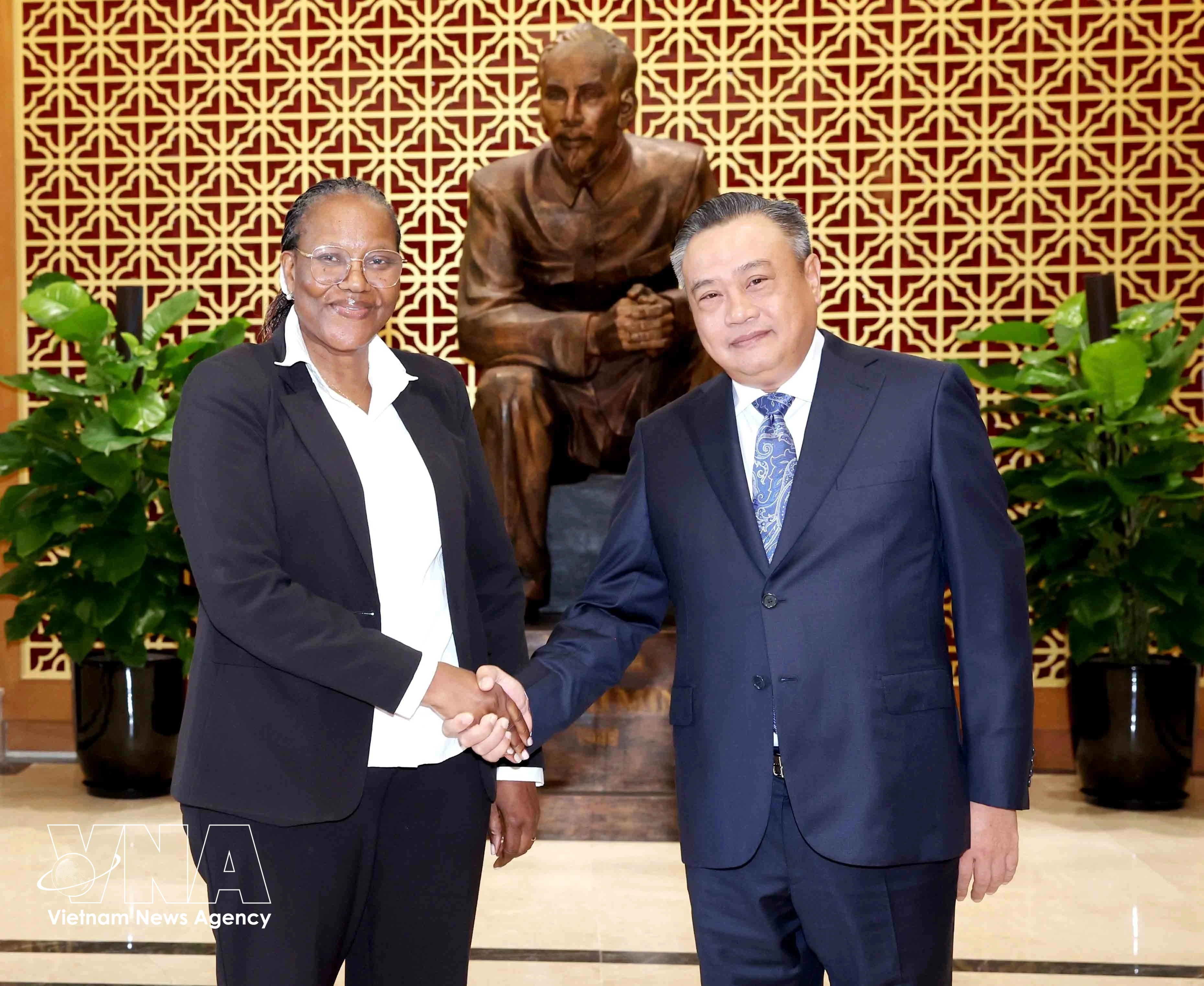 El miembro del Buró Político y jefe de la Comisión de Control Disciplinario del PCV, Tran Sy Thanh, recibe a Ana Comoana, miembro del Buró Político y jefa de la Comisión de Control Disciplinario del Comité Central de FRELIMO. (Foto: VNA)