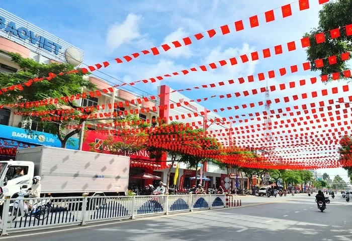 Un tramo de la calle Nguyen Hue, en el barrio de Cao Lanh, provincia de Dong Thap, decorado para celebrar el XIV Congreso Nacional del Partido. (Foto: dongthap.gov.vn)