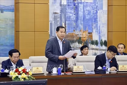 El secretario general de la Asamblea Nacional, jefe de su Oficina y titular de la Oficina del Consejo Nacional Electoral, Le Quang Manh, presenta en informe (Foto: VNA)