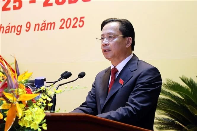 El secretario del Comité del Partido de Lang Son, Hoang Van Nghiem, interviene en la ceremonia de clausura (Foto: VNA)