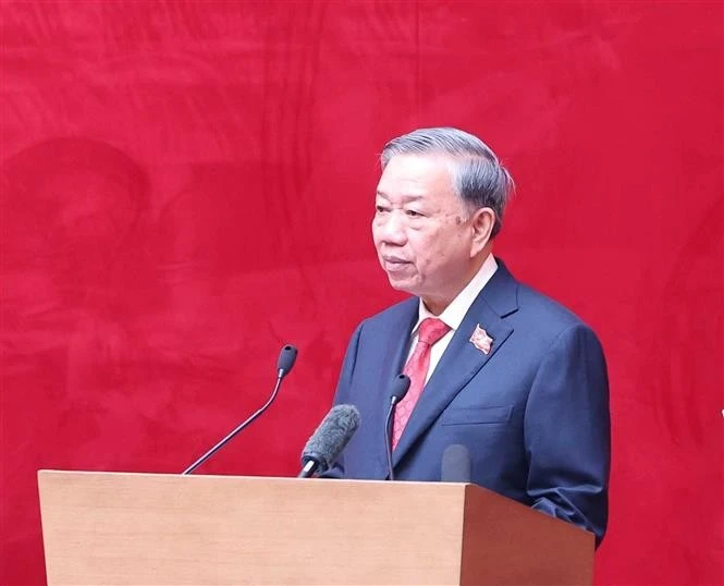 El secretario general del Partido Comunista de Vietnam, To Lam, durante su intervención en la VIII Asamblea partidista de la Comisión Central de Seguridad Pública. (Foto: VNA)